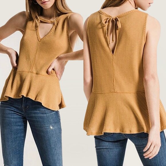 Others Follow Tops - Others Follow Thermal Waffle Knit Cut-Out Peplum Hem Tank Top in Mustard Yellow
